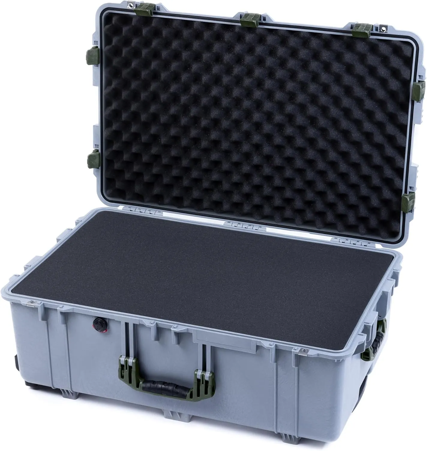 ColorCase Pelican 1650 Case Silver - Large Sized Rolling Waterproof Case with Pick & Pluck Foam & Convoluted Lid Foam - OD Green Handles & Latches