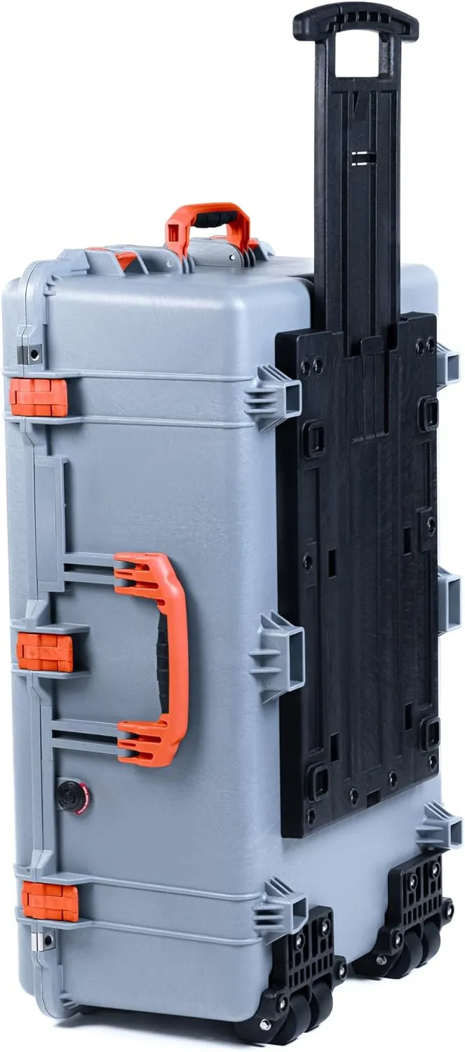 ColorCase Pelican 1650 Case Silver - Large Sized Rolling Waterproof Case with Pick & Pluck Foam & Convoluted Lid Foam - Orange Handles & Latches