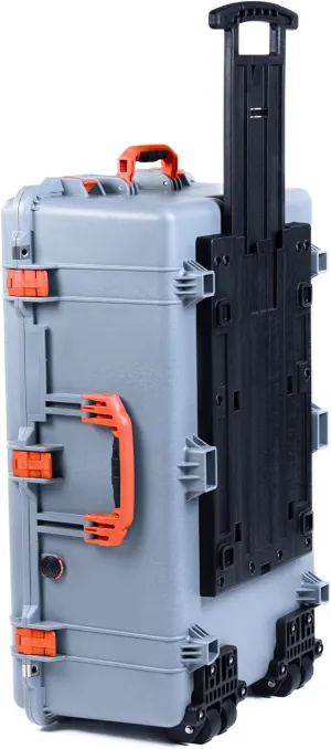 ColorCase Pelican 1650 Case Silver - Large Sized Rolling Waterproof Case with Pick & Pluck Foam & Convoluted Lid Foam - Orange Handles & Latches