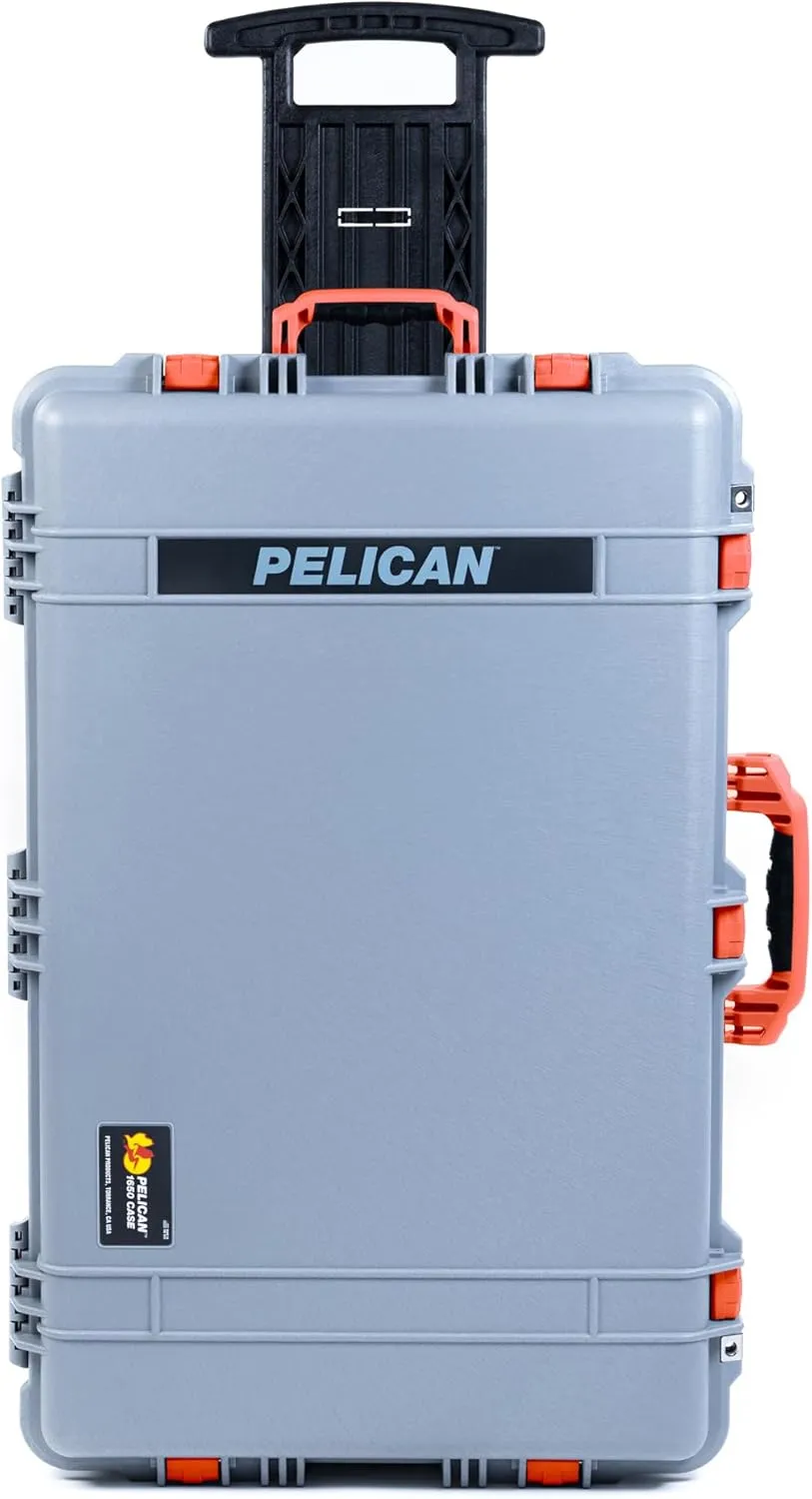 ColorCase Pelican 1650 Case Silver - Large Sized Rolling Waterproof Case with Pick & Pluck Foam & Convoluted Lid Foam - Orange Handles & Latches