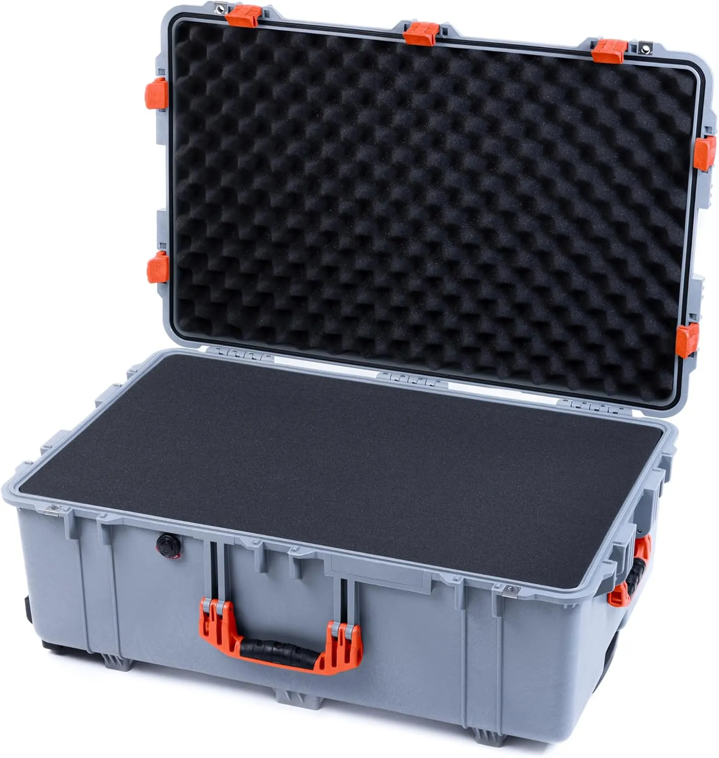 ColorCase Pelican 1650 Case Silver - Large Sized Rolling Waterproof Case with Pick & Pluck Foam & Convoluted Lid Foam - Orange Handles & Latches