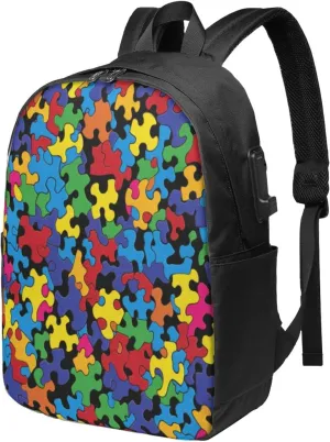 Colorful Autism Awareness Travel Laptop Backpack for Women Men, 17 Inch Business Backpack with USB Charger Port