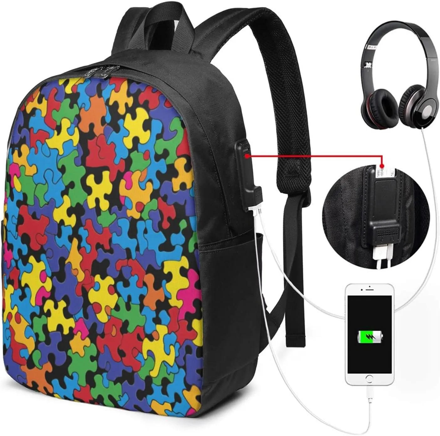 Colorful Autism Awareness Travel Laptop Backpack for Women Men, 17 Inch Business Backpack with USB Charger Port