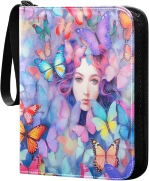 Colorful Butterflies Print Card Binder 4-Pocket, 400 Pockets PU Waterproof Zippered Collector Card Album with 50 Removable Sleeves for Trading, Game Cards