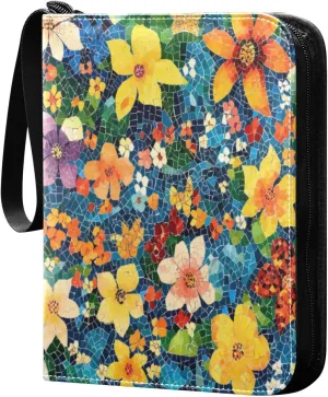 Colorful Flowers Card Binder 4-Pocket, 400 Pockets PU Waterproof Zippered Collector Card Album with 50 Removable Sleeves for Trading, Game Cards