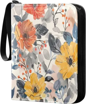 Colorful Flowers Card Binder 4-Pocket, 400 Pockets PU Waterproof Zippered Collector Card Album with 50 Removable Sleeves for Trading, Game Cards