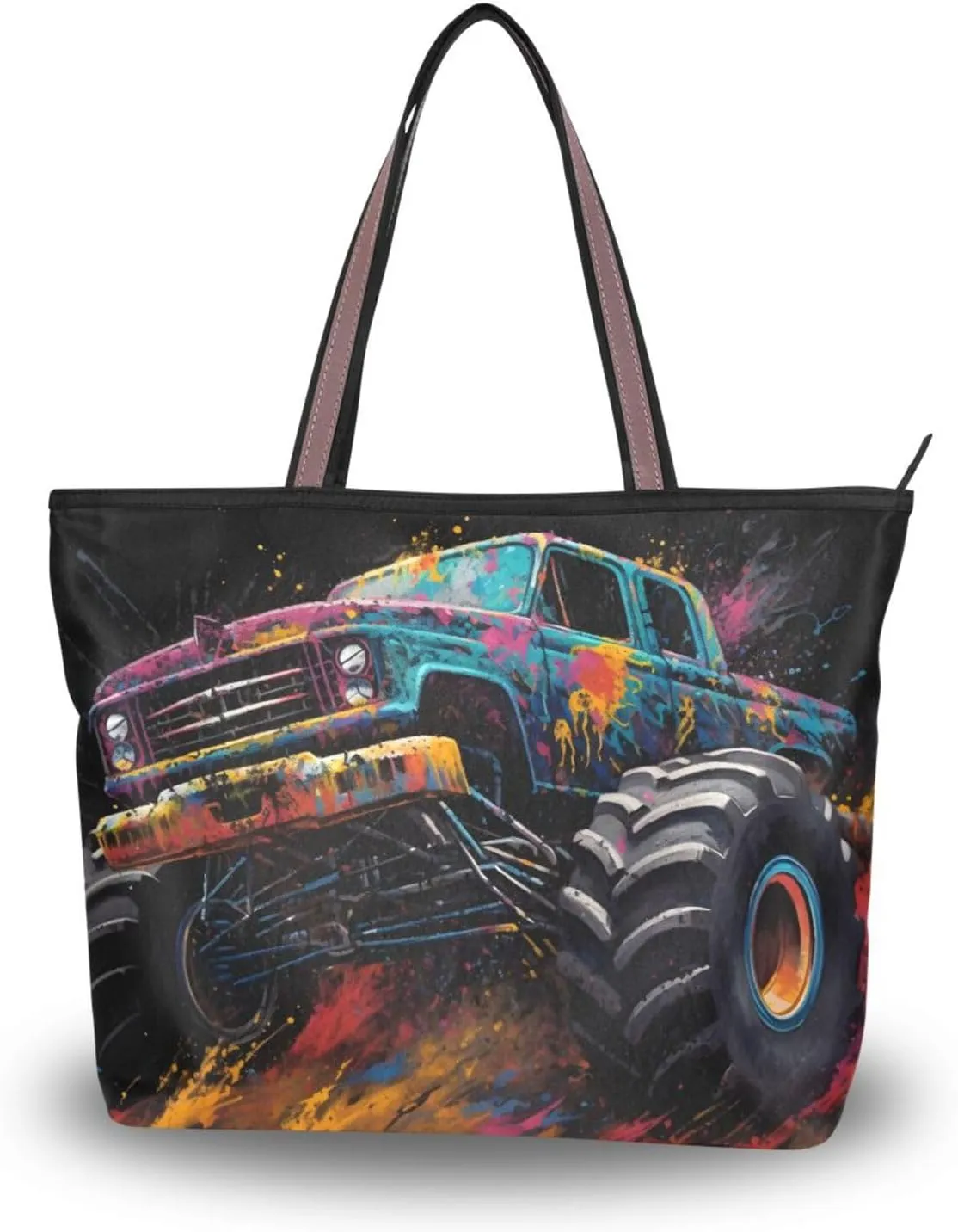 Colorful Monster Truck Black Tote Bag for Women Durable Designer Handbag with Zipper for Daily Use Travel L