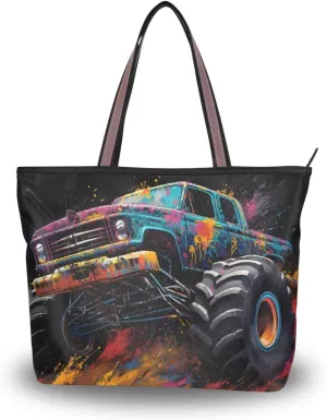 Colorful Monster Truck Black Tote Bag for Women Durable Designer Handbag with Zipper for Daily Use Travel L