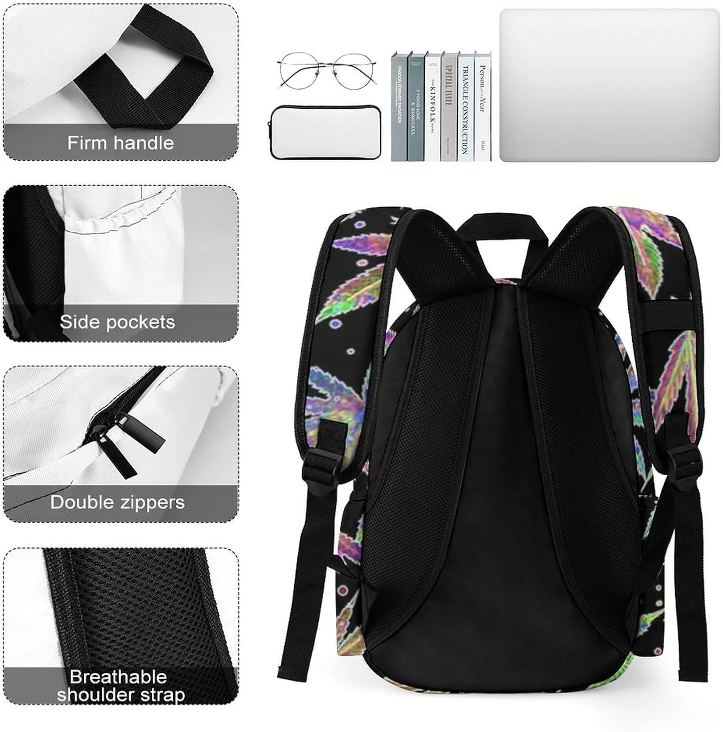 Colorful Neon Pot Leaf Weeds Casual Lightweight Large Capacity Travel Backpack Unisex