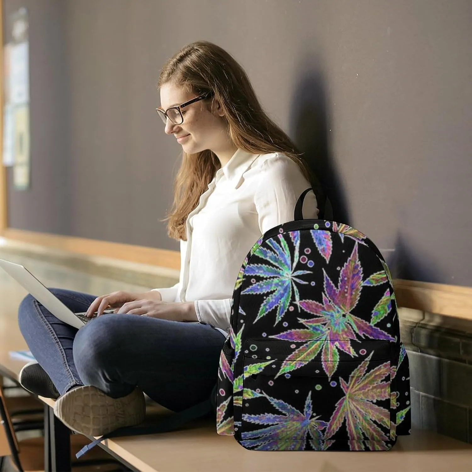 Colorful Neon Pot Leaf Weeds Casual Lightweight Large Capacity Travel Backpack Unisex