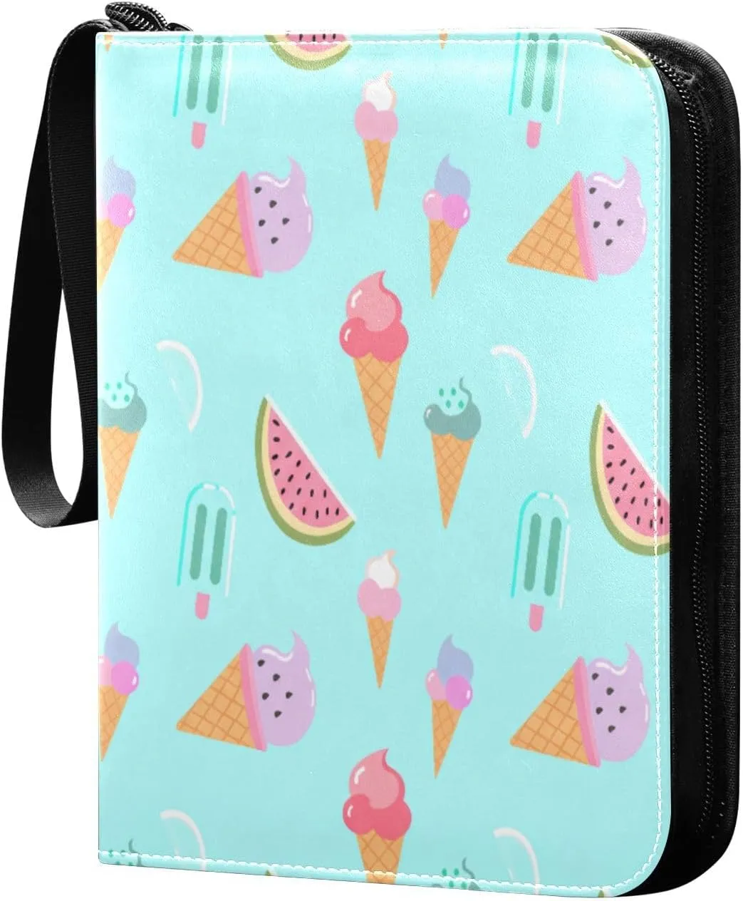 Colorful Summer Treats Card Binder 4-Pocket, 400 Pockets PU Waterproof Zippered Collector Card Album with 50 Removable Sleeves for Trading, Game Cards