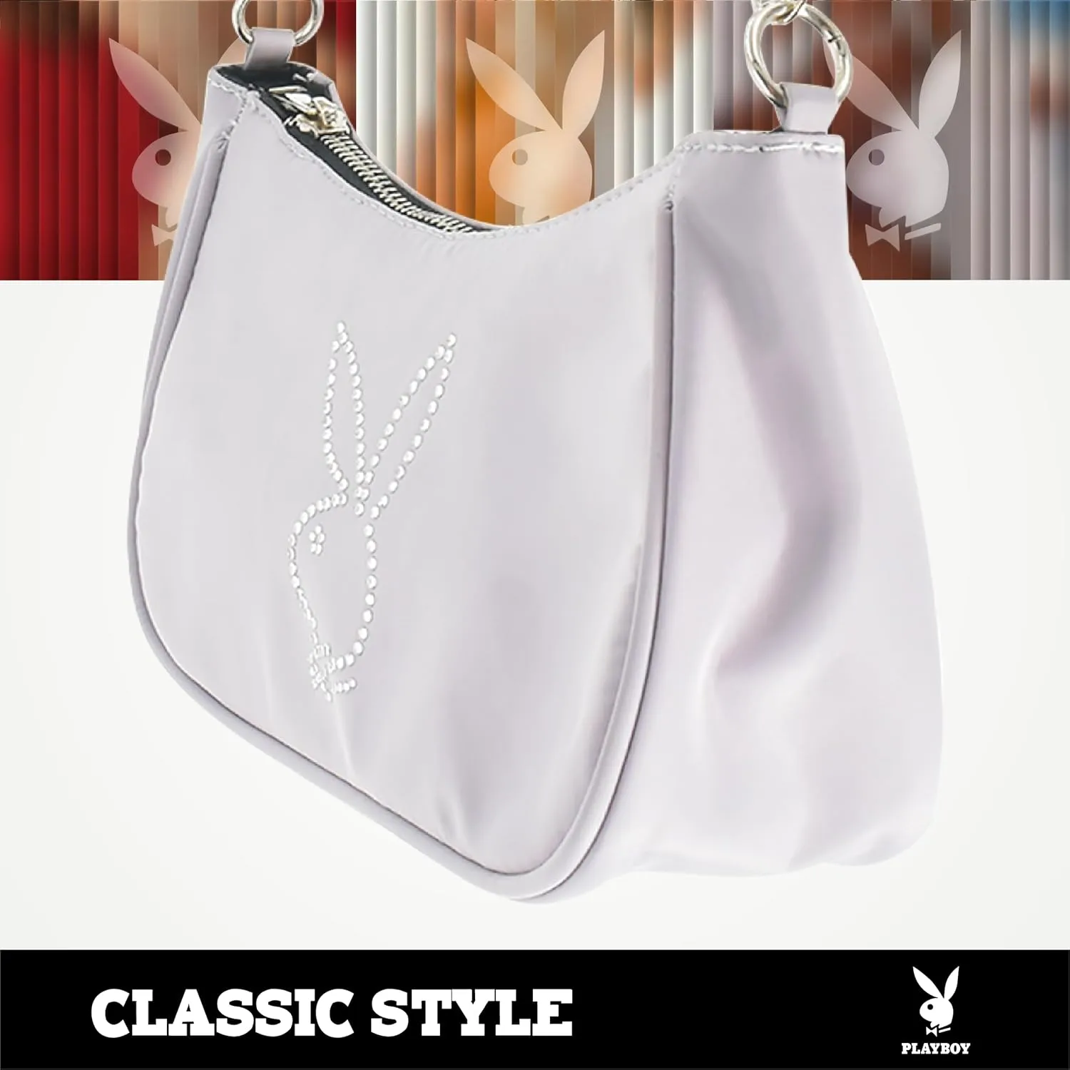 Concept One Playboy Shoulder Bag, Women's Purse Handbag with Rhinestone Carry Strap and Bunny Logo