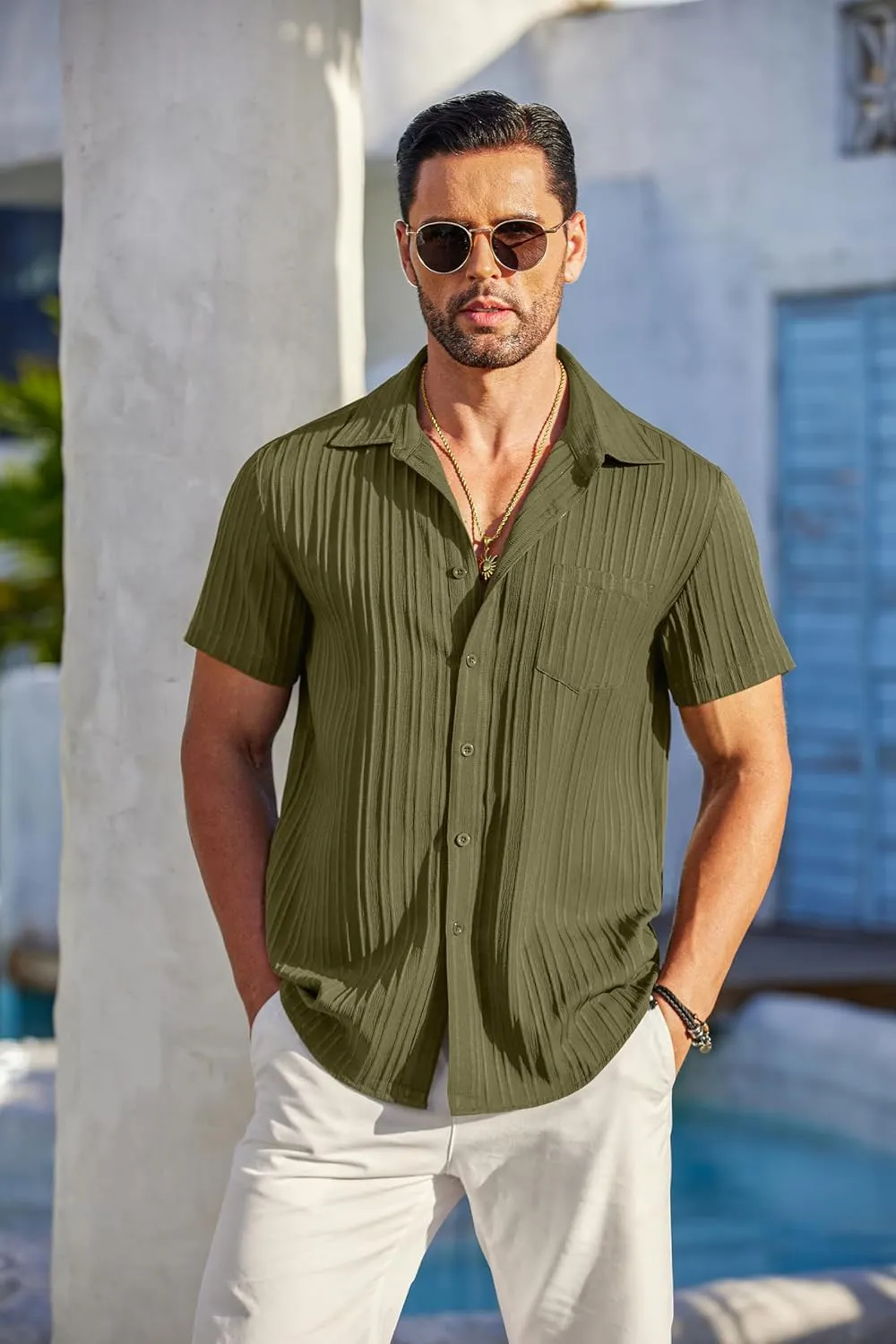 COOFANDY Men's Casual Button Down Shirts Short Sleeve Textured Summer Beach Shirt with Pocket