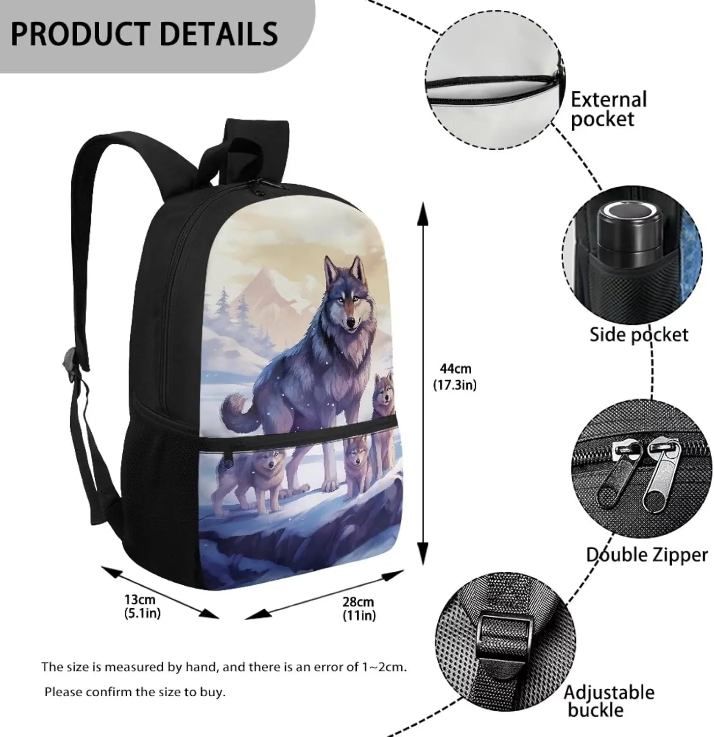 Cool Wolf Backpack for School Boys 10-12 Middle School Bag Girls 8-12 Kids Bookbag with Water Bottle Holder Student Book Bags 5Th Grade/6Th Grade Teens Schoolbag Back to School