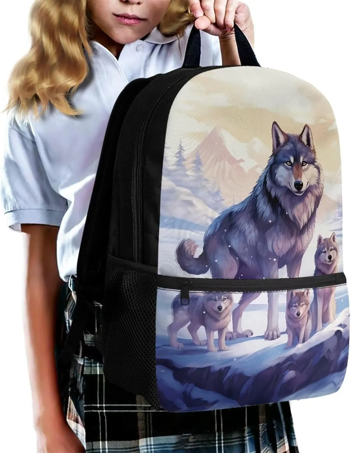 Cool Wolf Backpack for School Boys 10-12 Middle School Bag Girls 8-12 Kids Bookbag with Water Bottle Holder Student Book Bags 5Th Grade/6Th Grade Teens Schoolbag Back to School