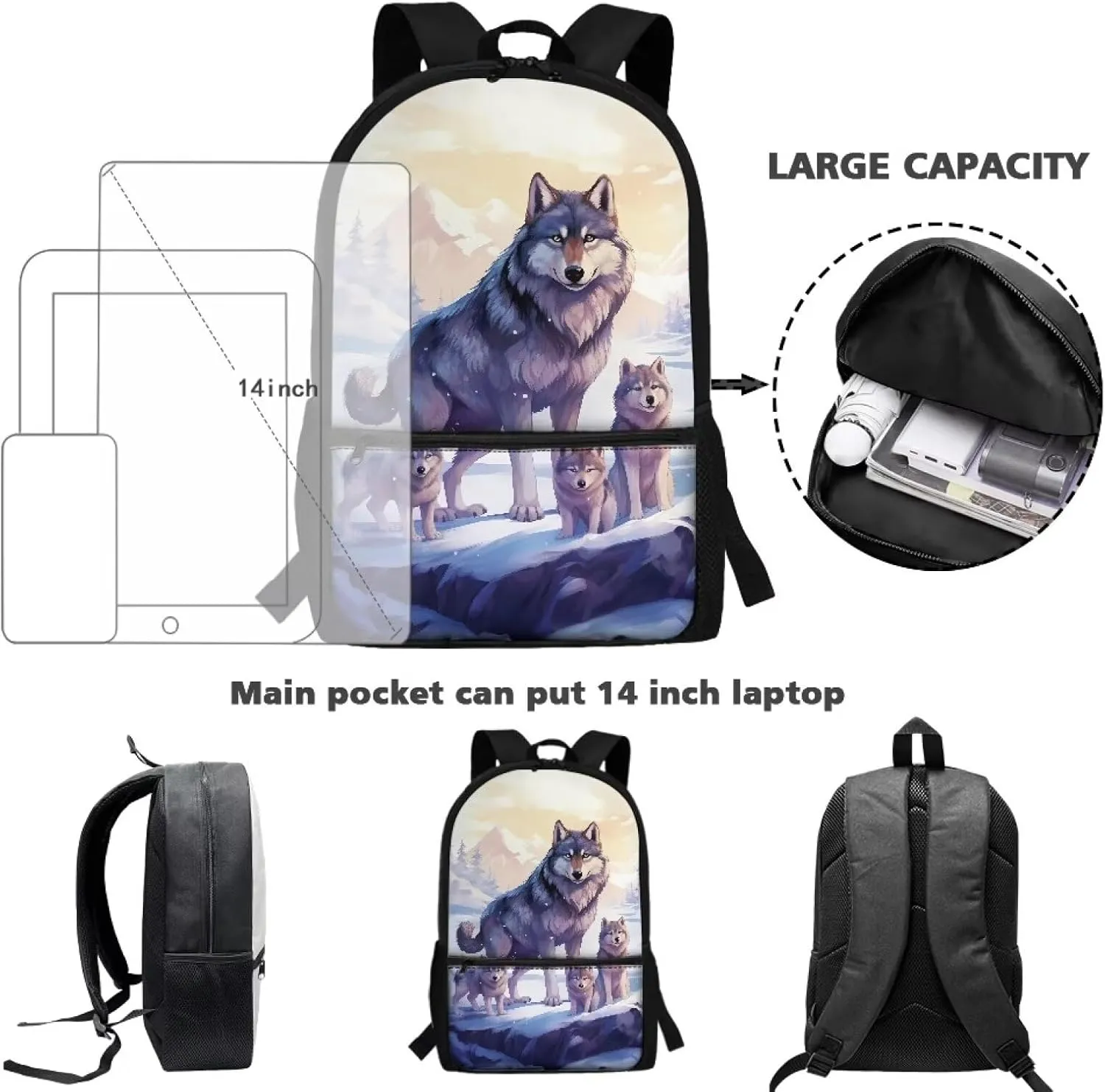 Cool Wolf Backpack for School Boys 10-12 Middle School Bag Girls 8-12 Kids Bookbag with Water Bottle Holder Student Book Bags 5Th Grade/6Th Grade Teens Schoolbag Back to School