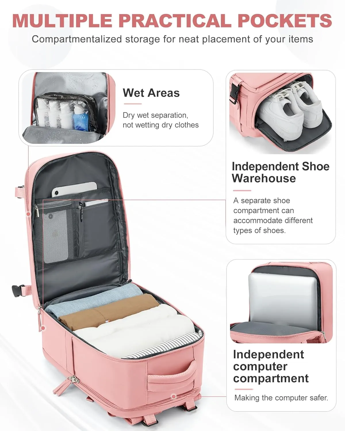 coowoz Travel Backpack Carry On for Women Man Gym Backpack with Laptop Compartment Mochila de Viaje Teacher Personal Item Backpack Airplane Accessories Must Haves Pink Small