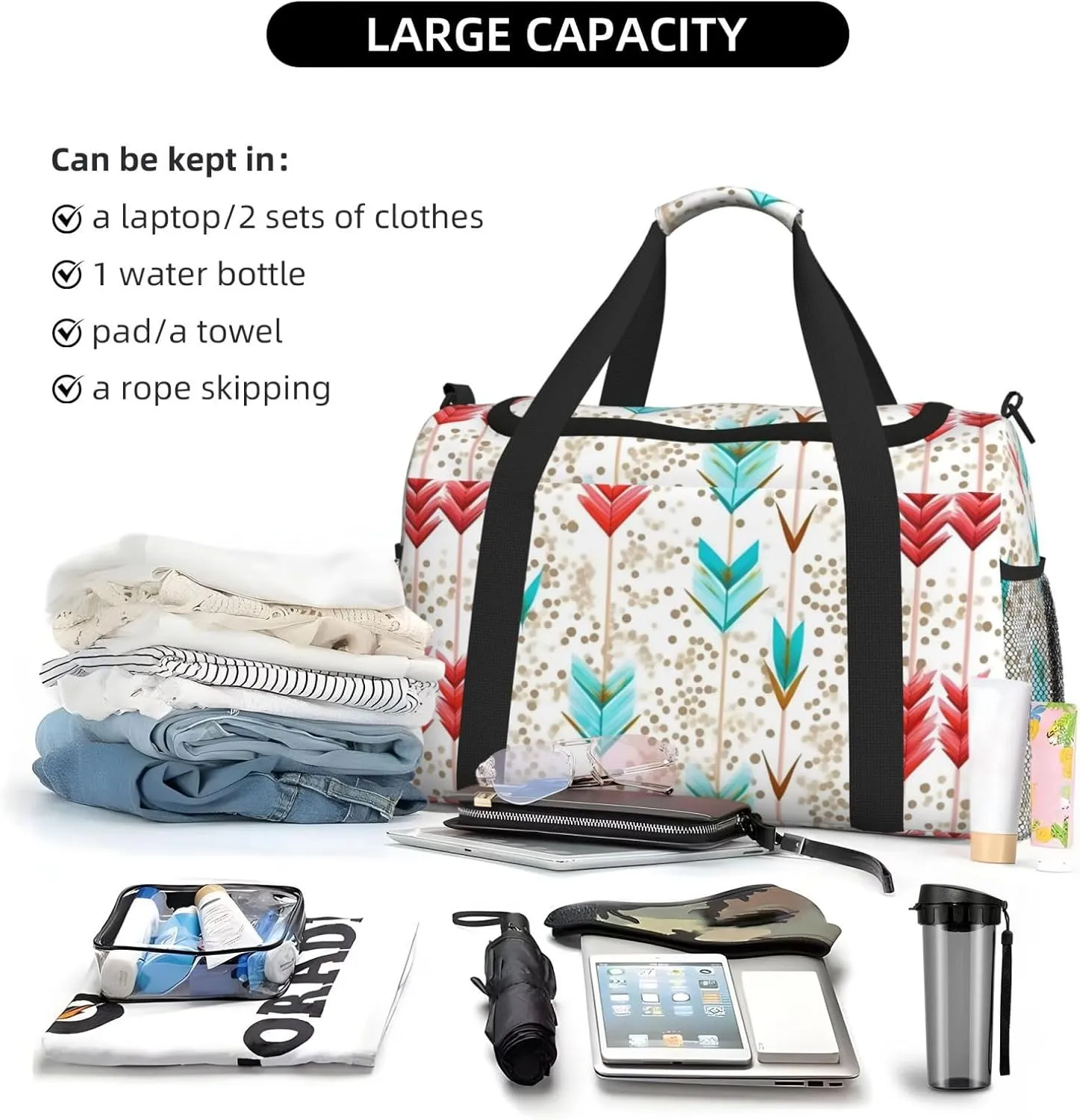 Coral And Teal Arrows Travel Duffel Bag With Zippers And Handles, Big Foldable Duffle Bag For Family Vacations
