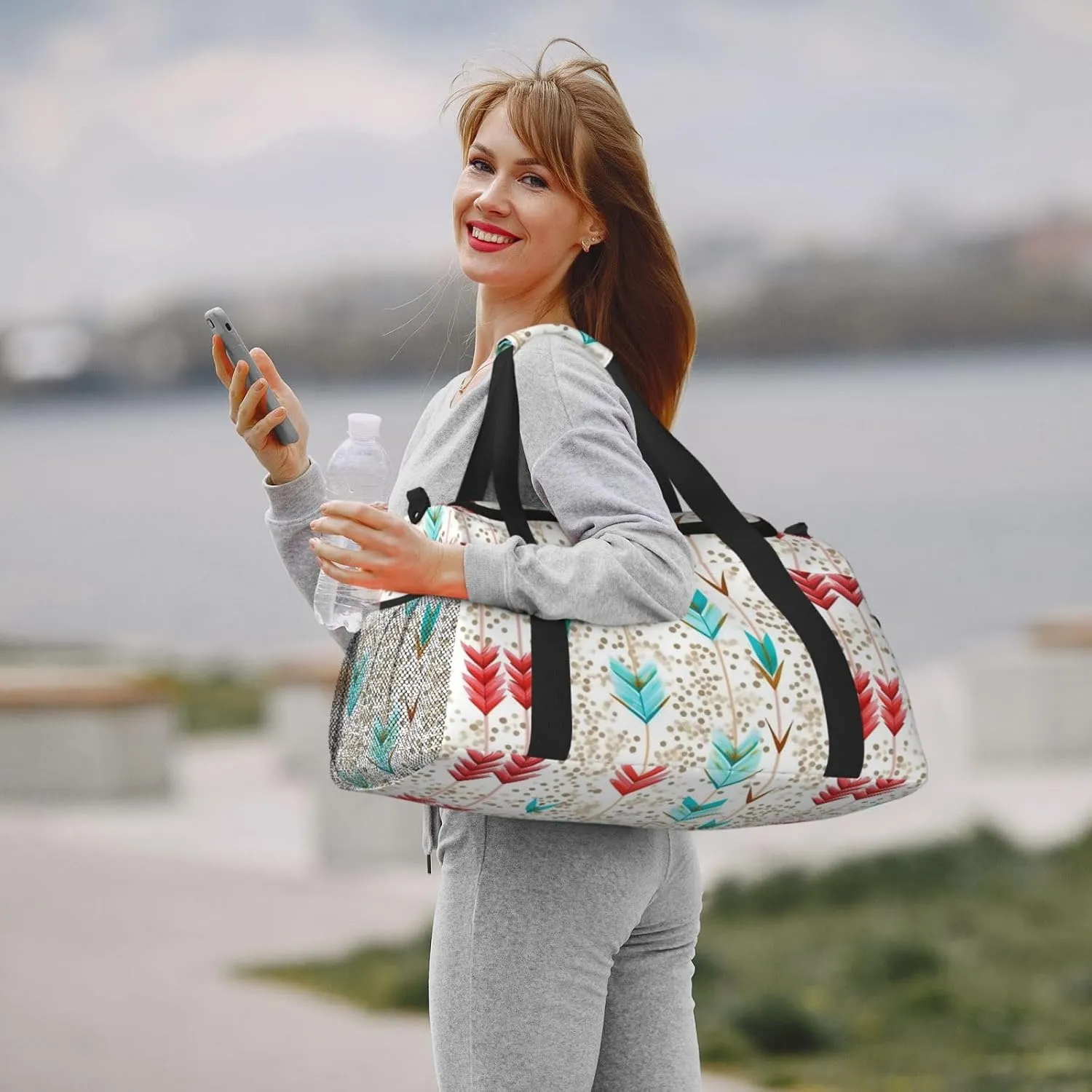 Coral And Teal Arrows Travel Duffel Bag With Zippers And Handles, Big Foldable Duffle Bag For Family Vacations