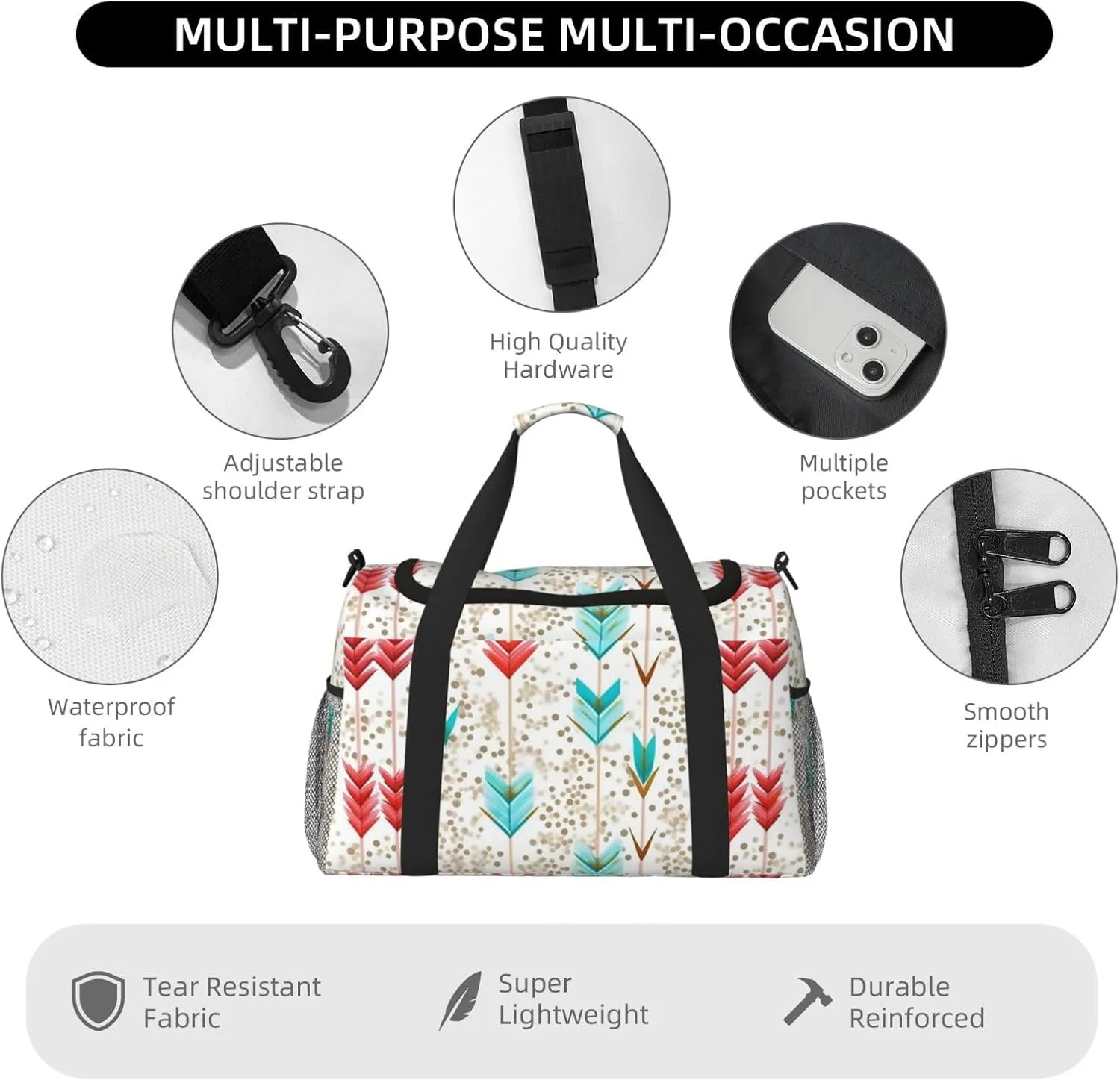 Coral And Teal Arrows Travel Duffel Bag With Zippers And Handles, Big Foldable Duffle Bag For Family Vacations
