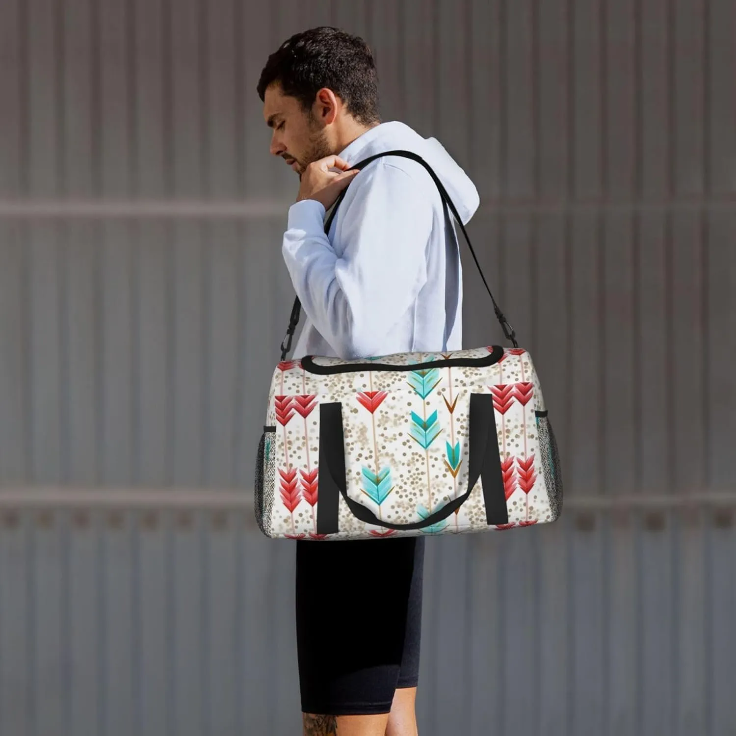 Coral And Teal Arrows Travel Duffel Bag With Zippers And Handles, Big Foldable Duffle Bag For Family Vacations