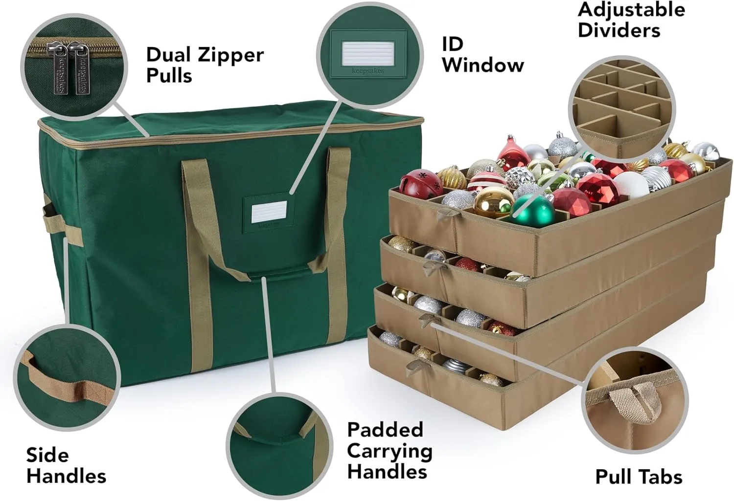 Covermates Keepsakes Adjustable Ornament Storage Bag, Carrying Handles, Padded Protection - Holiday Storage, Green