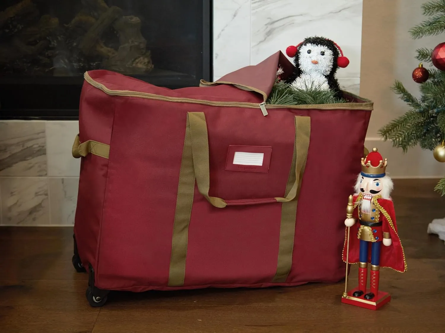 Covermates Keepsakes Rolling Treasurekeeper Storage Bag - Carrying Handles, ID Window, Dual Wheels - Holiday Storage, Red