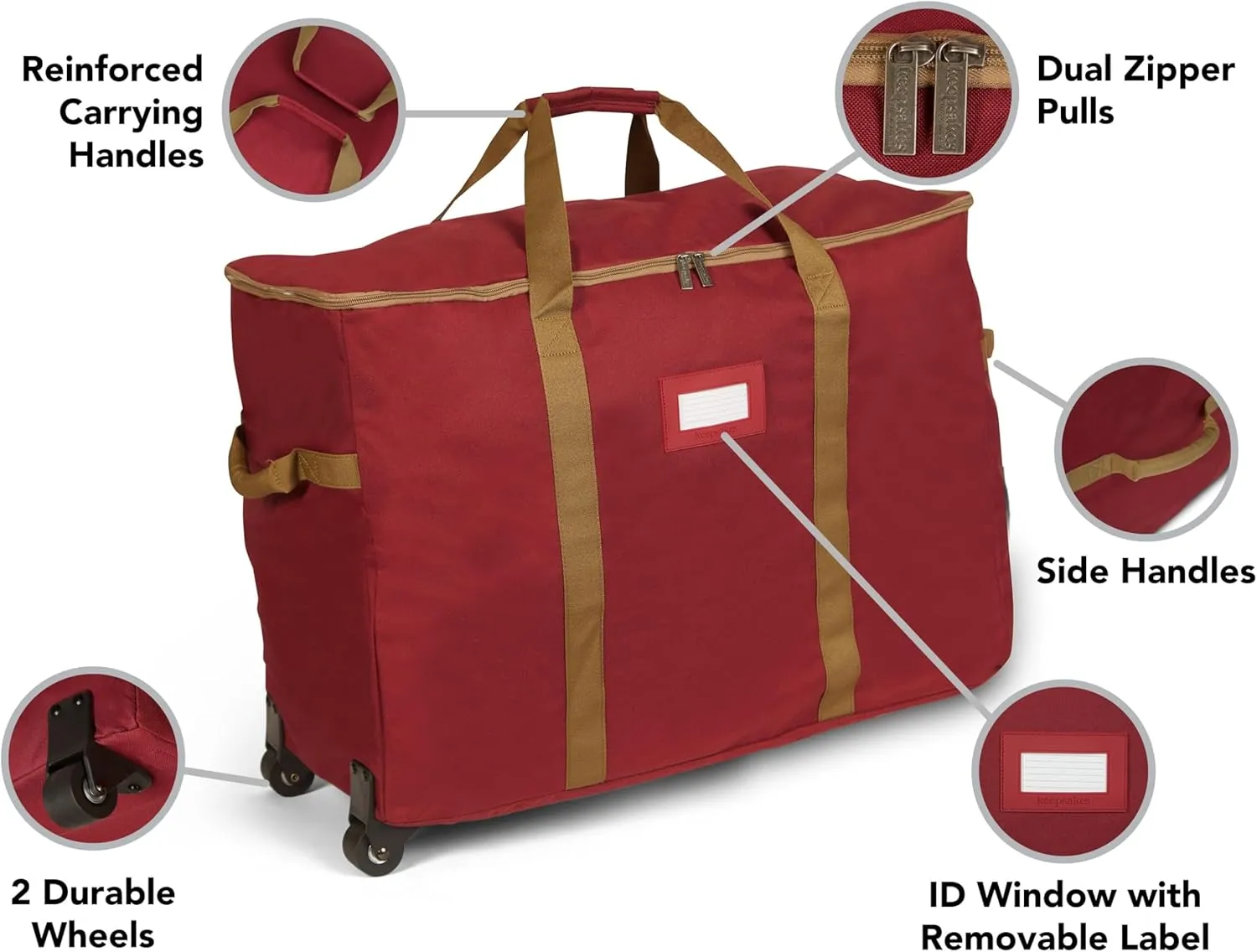 Covermates Keepsakes Rolling Treasurekeeper Storage Bag - Carrying Handles, ID Window, Dual Wheels - Holiday Storage, Red