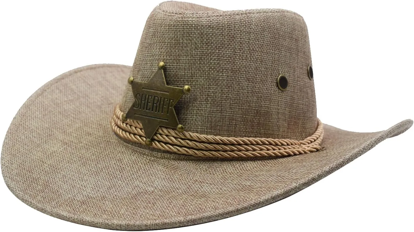 Cowboy Hat Wide Brim Travel Cap Western Cowgirl Hat Outdoor Sun Protect with Badge