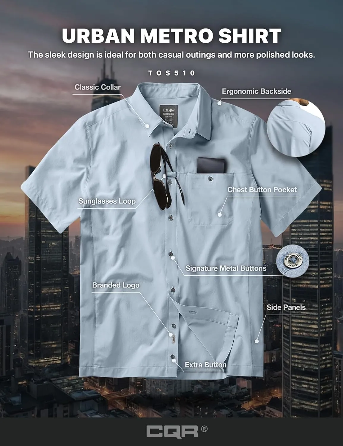 CQR Men's Short Sleeve Tactical Shirts, UPF 50  Ripstop Military Work Shirts, Breathable Button Down Outdoor Hiking Shirt