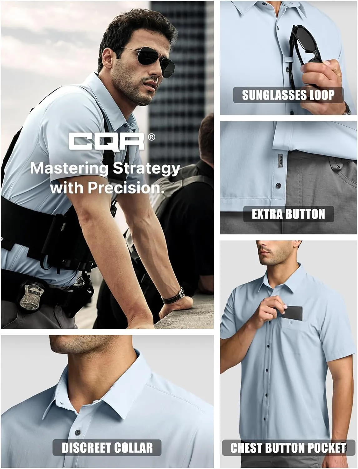 CQR Men's Short Sleeve Tactical Shirts, UPF 50  Ripstop Military Work Shirts, Breathable Button Down Outdoor Hiking Shirt