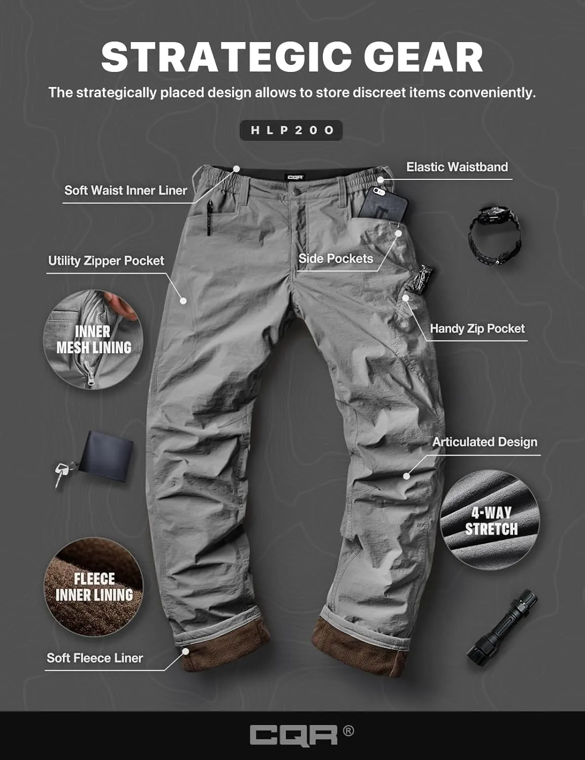 CQR Men's Winter Fleece Lined Pants, Water-Resistant Outdoor Stretch Work Pants, Windproof Casual Pants with Pockets