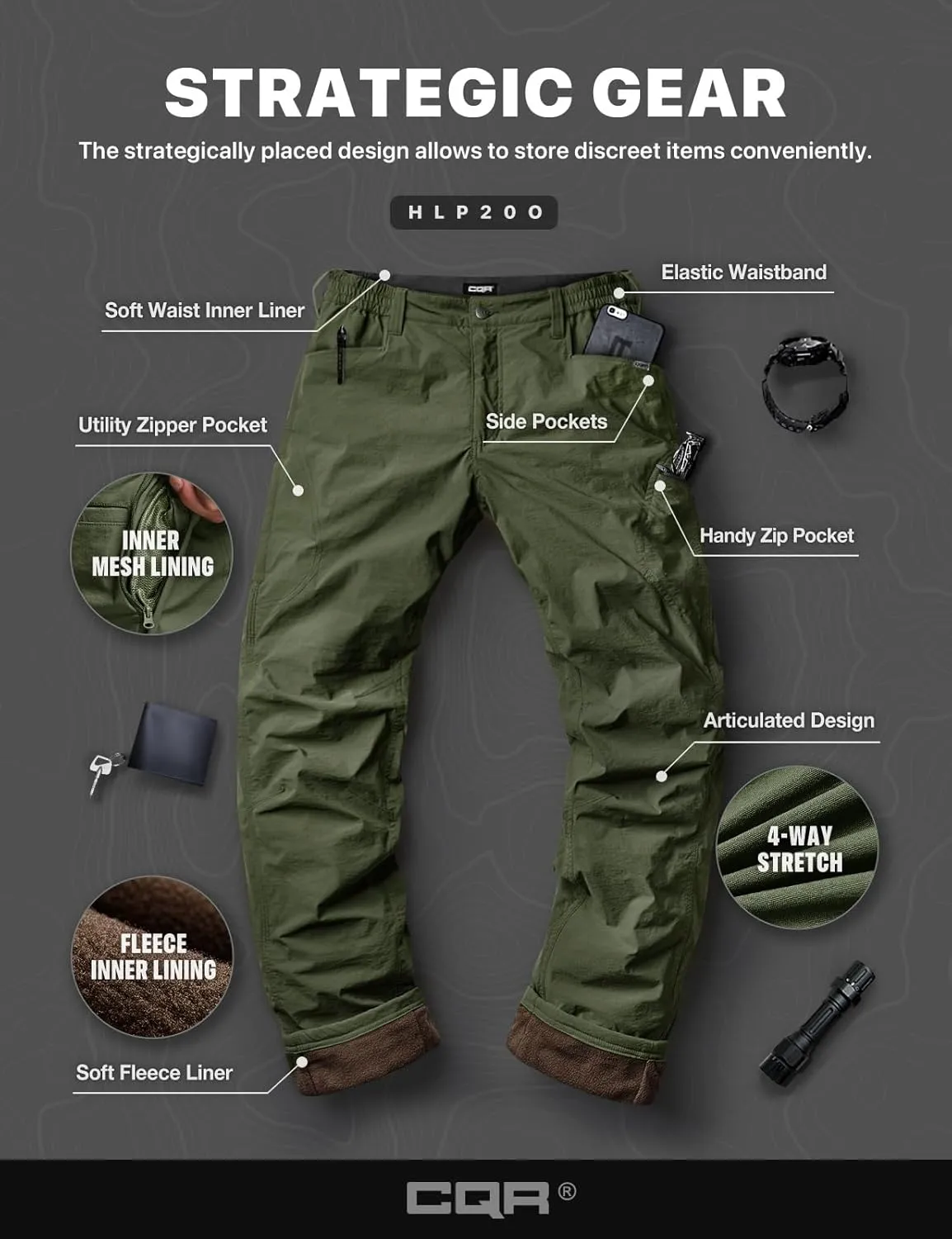 CQR Men's Winter Fleece Lined Pants, Water-Resistant Outdoor Stretch Work Pants, Windproof Casual Pants with Pockets