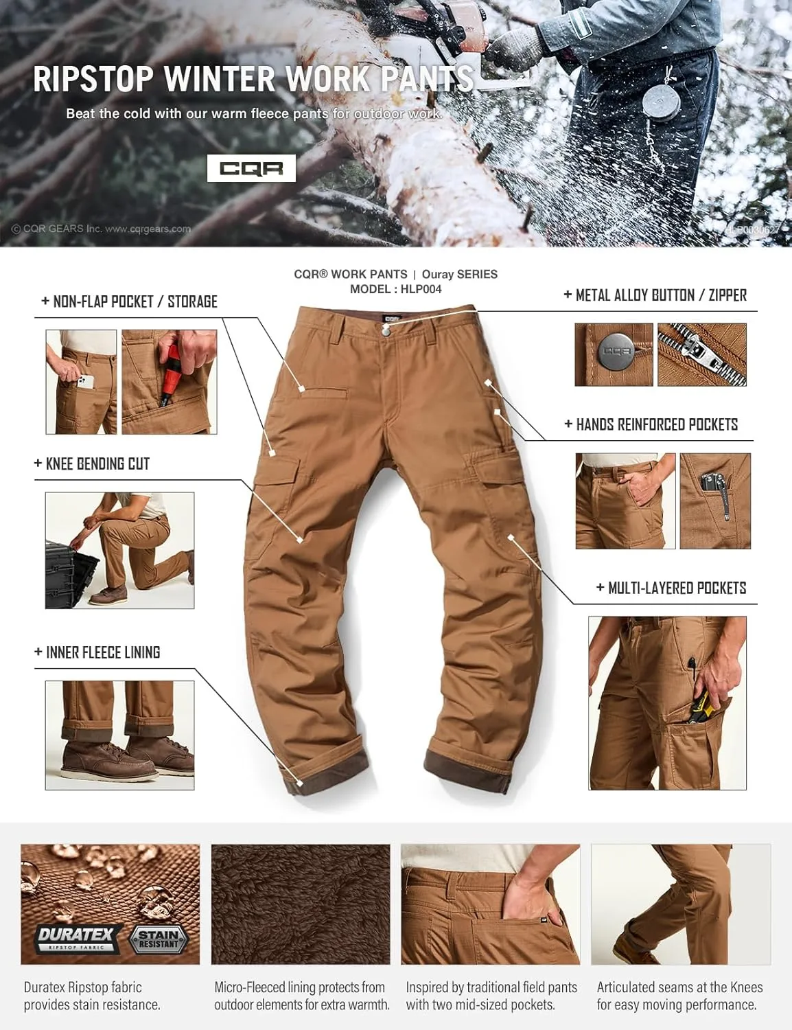 CQR Men's Winter Tactical Cargo Pants, Thermal Fleece Lined Outdoor Snow Ski Hiking Work