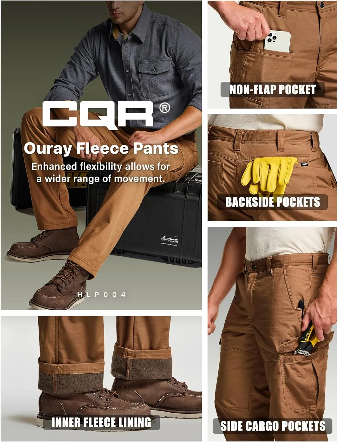 CQR Men's Winter Tactical Cargo Pants, Thermal Fleece Lined Outdoor Snow Ski Hiking Work