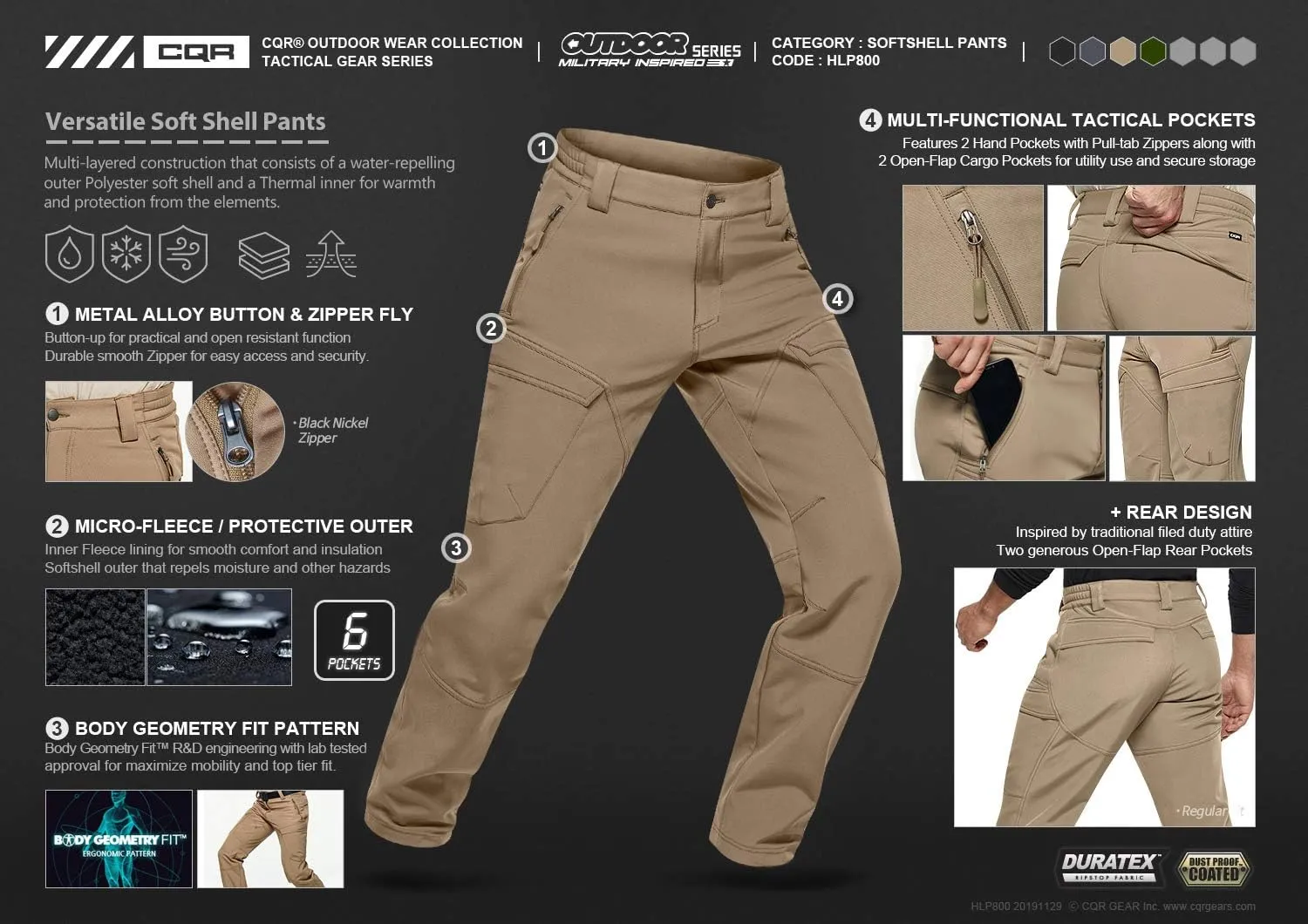 CQR Men's Winter Waterproof Softshell Fleece-Lined Snow Ski Pants, Thermal Outdoor Cargo Work Hiking Pants