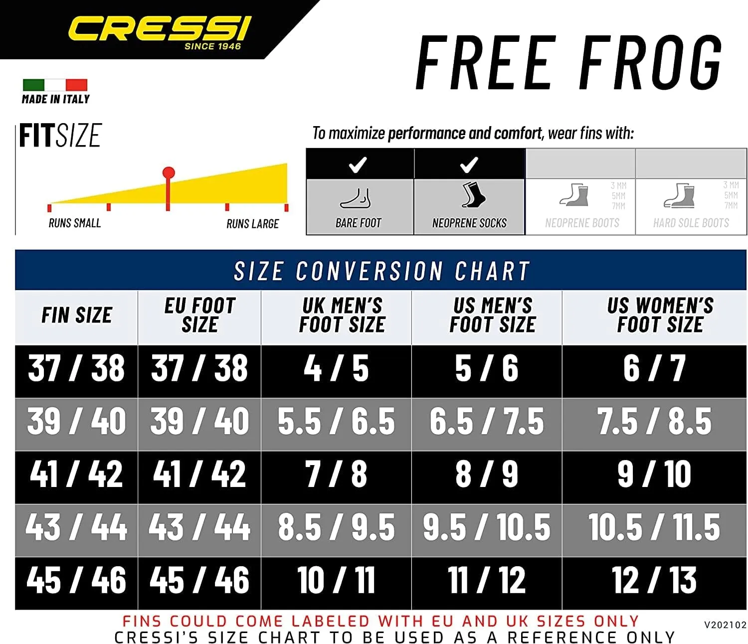 Cressi High Duty Full Foot Pocket Scuba Diving Fins | Hi-Surface: Below Blade Foot Pocket | Free Frog: Made in Italy