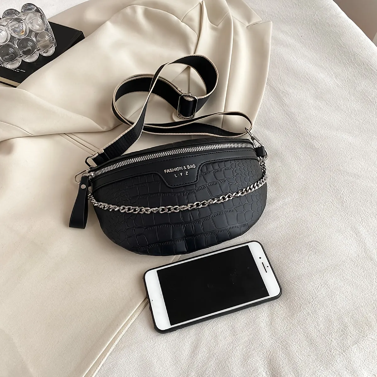 Crocodile Pattern Fanny Pack, Chain Decor Chest Bag, Wide Strap Crossbody Purses For Women