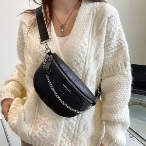 Crocodile Pattern Fanny Pack, Chain Decor Chest Bag, Wide Strap Crossbody Purses For Women