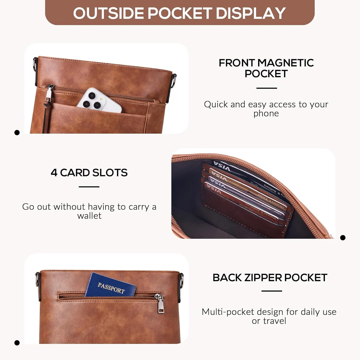 Crossbody Bags For Women Medium Crossbody Travel Purses with 4 Card Slots Leather Shoulder Handbags
