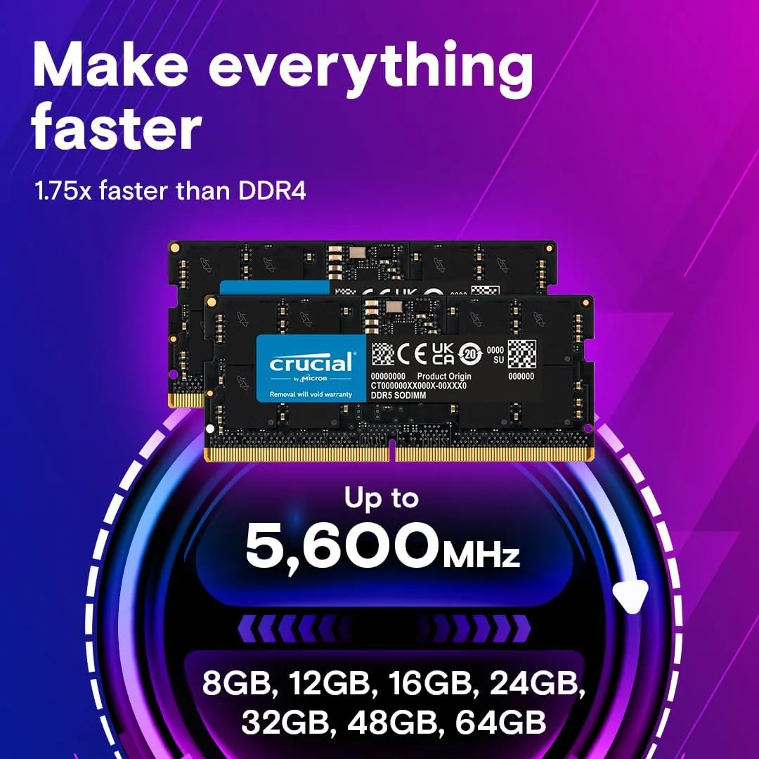 Crucial 32GB DDR5 RAM Kit (2x16GB), 5600MHz (or 5200MHz or 4800MHz) Laptop Memory 262-Pin SODIMM, Compatible with Intel Core and AMD Ryzen 7000, Black - CT2K16G56C46S5