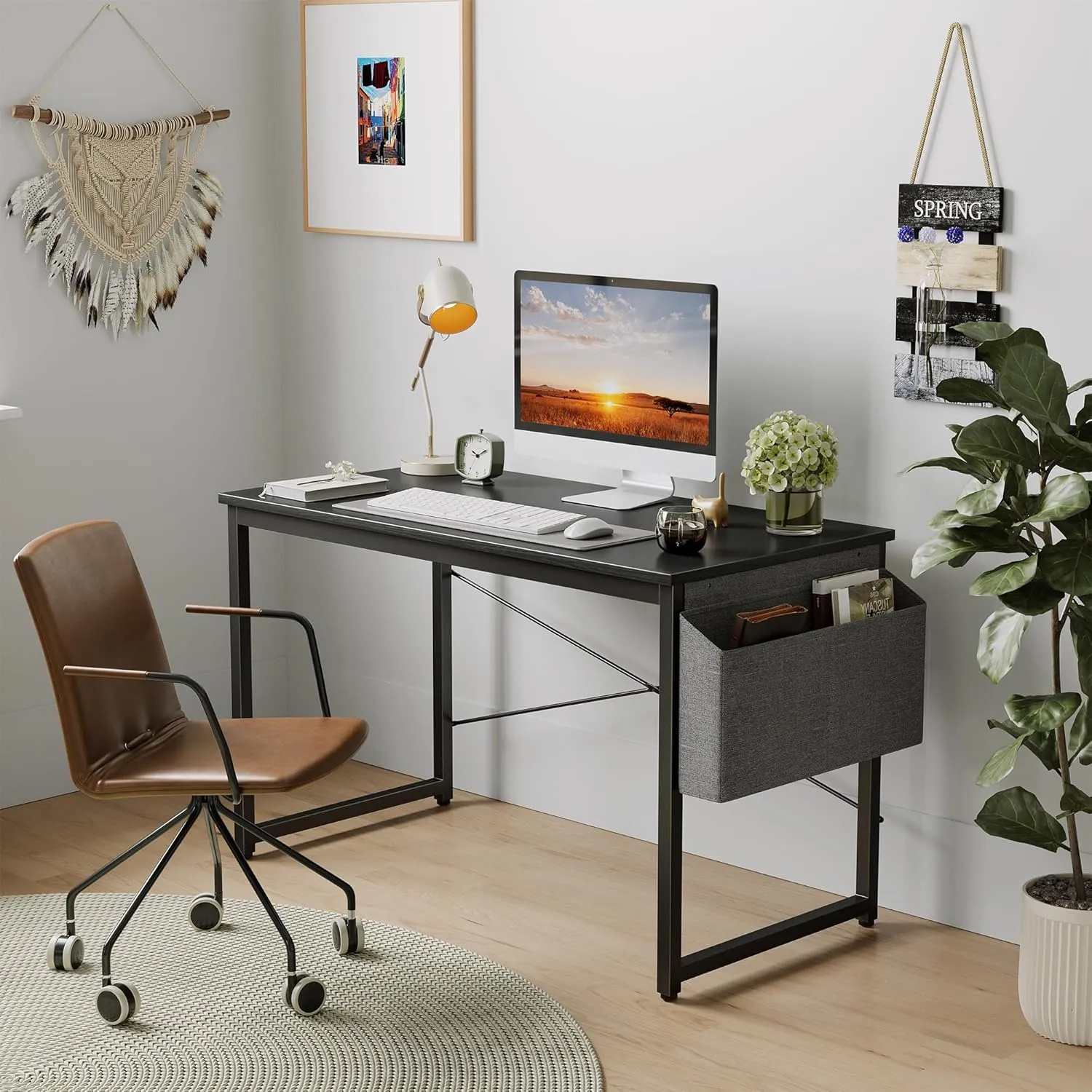 CubiCubi Computer Desk, 55 inch Home Office Writing Study Desk, Modern Simple Style Table with Storage Bag, Black