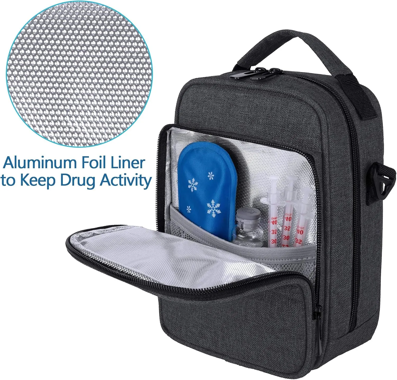 CURMIO Insulin Cooler Travel Case, Diabetic Medication Organizer Bag with Shoulder Strap for Diabetic Supplies, Black (Patented Design)
