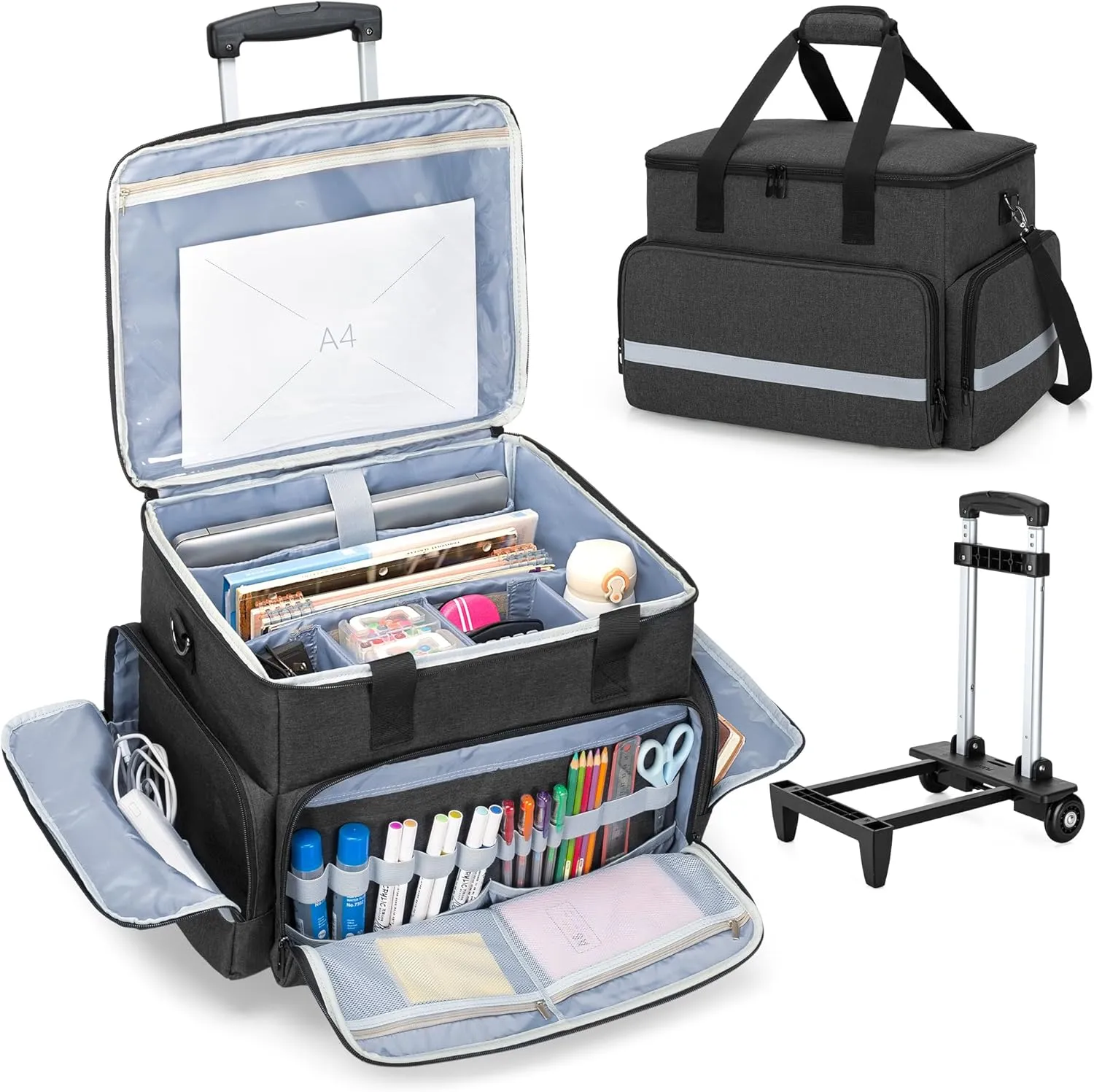 CURMIO Rolling Teacher Tote Bag with Wheels, Teaching Work Bag with Padded Sleeve for up to 14” Laptop for Teaching, Office, Black(Bag Only)