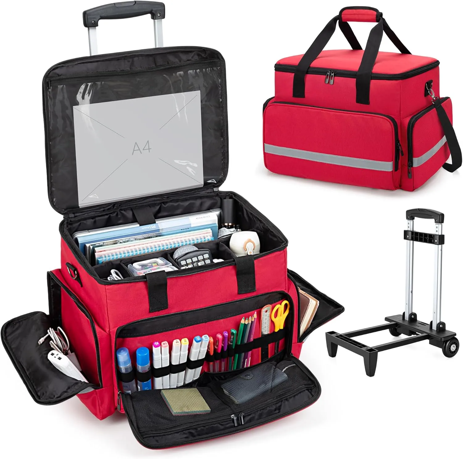 CURMIO Rolling Teacher Tote Bag with Wheels, Teaching Work Bag with Padded Sleeve for up to 14” Laptop for Teaching, Office, Red(Bag Only)