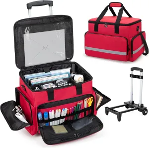 CURMIO Rolling Teacher Tote Bag with Wheels, Teaching Work Bag with Padded Sleeve for up to 14” Laptop for Teaching, Office, Red(Bag Only)