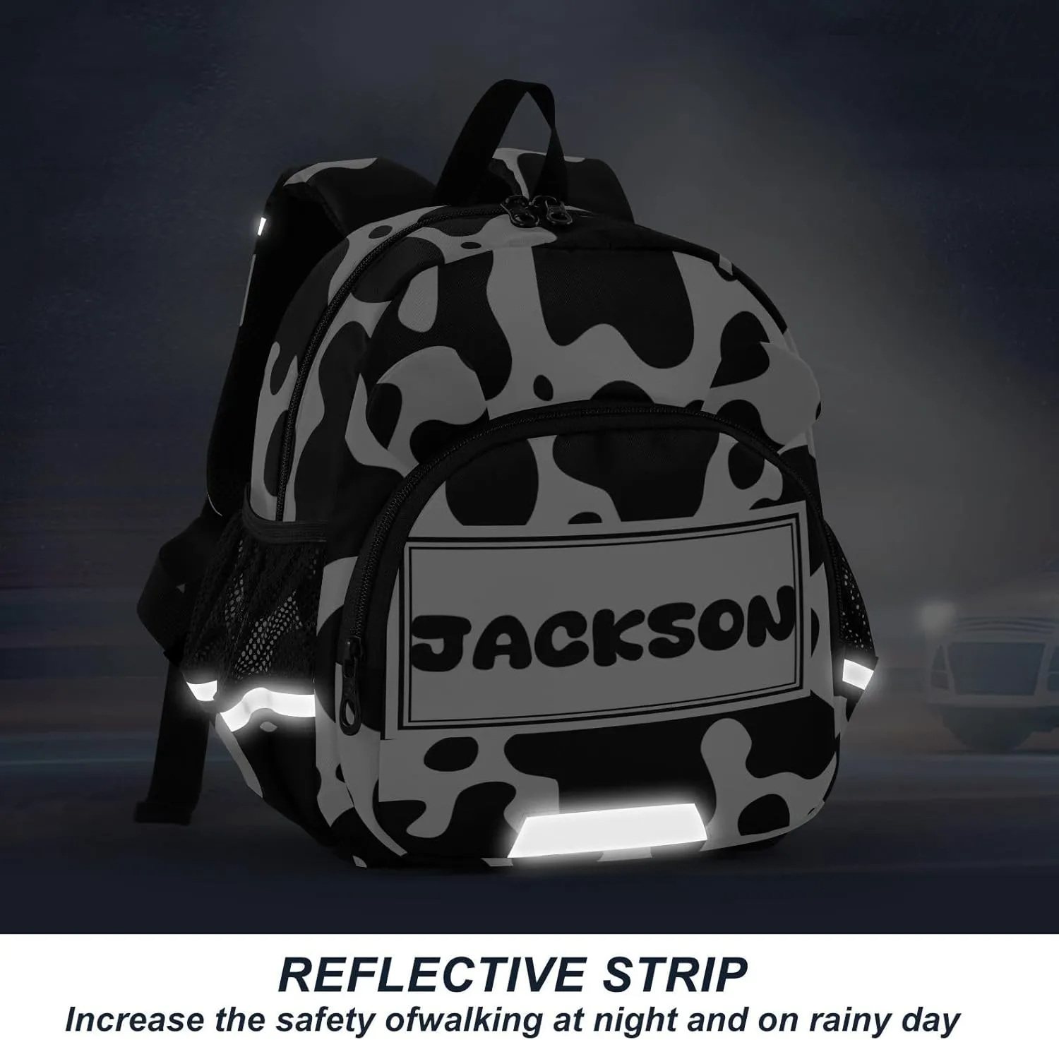 Custom Black White Preschool Backpack Cow Skin Daycare Bookbag School Backpack with Traction Rope Fashion Casual Cartoon School Travel Picnic Birthday for Kids 3-6