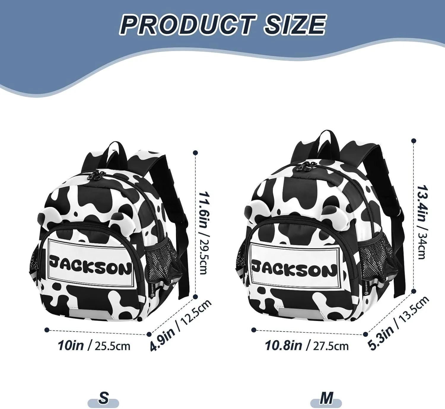 Custom Black White Preschool Backpack Cow Skin Daycare Bookbag School Backpack with Traction Rope Fashion Casual Cartoon School Travel Picnic Birthday for Kids 3-6