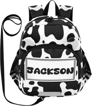 Custom Black White Preschool Backpack Cow Skin Daycare Bookbag School Backpack with Traction Rope Fashion Casual Cartoon School Travel Picnic Birthday for Kids 3-6