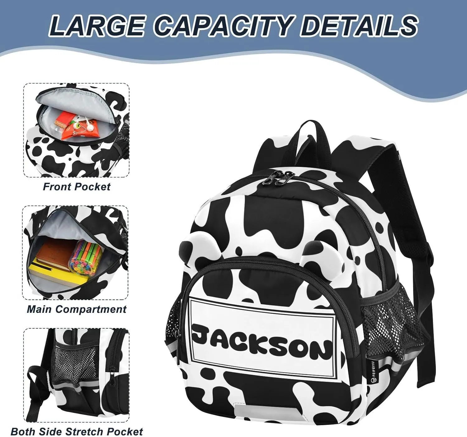 Custom Black White Preschool Backpack Cow Skin Daycare Bookbag School Backpack with Traction Rope Fashion Casual Cartoon School Travel Picnic Birthday for Kids 3-6